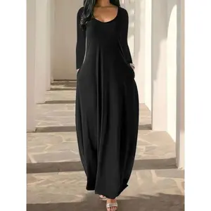 Women's Long Nightgown, Coffee Leopard Print, Casual Round Neck Long Sleeve Pocket Sleepwear, Soft Comfortable All-Season Loungewear