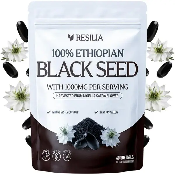 Resilia Ethiopian Black Seed Softgels 1000mg Per Serving | Premium Nigella Sativa Seed Oil Supplement – Digestive & Immune Support Formula – Easy to Swallow Soft Capsules (60 Count)