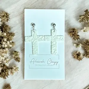 Embossed White Cross Polymer Clay Dangles with Hypoallergenic Stainless Steel Ball Stud