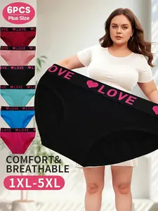 Love Brand 6pcs Women's Plus Size Seamless Love Heart Print Panties Comfortable Breathable Elastic Waistband Assorted Colors Pink Blue Black Teal White 1XL-5XL Soft Fabric Underwear