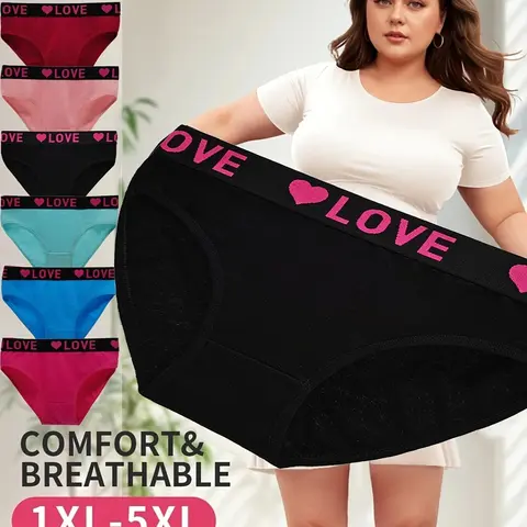 Love Brand 6pcs Women's Plus Size Seamless Love Heart Print Panties Comfortable Breathable Elastic Waistband Assorted Colors Pink Blue Black Teal White 1XL-5XL Soft Fabric Underwear