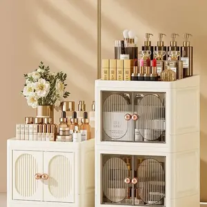 Foldable Double-Door Storage Desk, Multi-Layer Organizing Box for Lipstick and Cosmetics, Cosmetic Storage Cabinet, Beauty Organizer