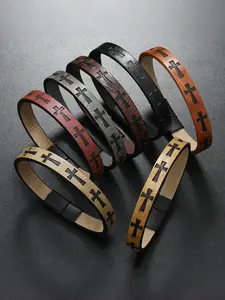 Men's Alloy Leather Bracelet with Printed Cross Charm, Magnetic Buckle Vintage Simple Woven Design, Ideal Gift for Men