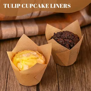 Tulip Cupcake Liners 120 Counts Natural Parchment Paper Muffin Holders Eco Friendly Oven Microwave Safe No Sticking Easy Removal Baking Cups Food Grade Unbleached Design