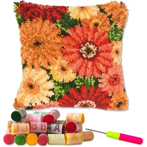 Latch Hook Kits for DIY Throw Pillow Cover, Colorful Flowers Pattern Needlework Cushion Cover Hand Craft Crochet for Great Family 17x17inch