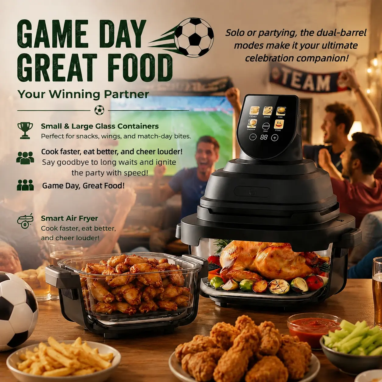5-in-1 Glass Air Fryer, Dual-Size 4QT & 6-Cup Non-Toxic Baskets, 1500W Fast Cooker for Big Game Day Parties & Solo Fans, Dishwasher Safe Healthy Visual Airfryer