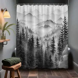 Mountain Shower Curtain Black and White Forest Nature Shower Curtains for Mens Bathroom Charcoal Grey Rustic Woodland Pine Tree Cool Bath Decor Sets, Waterproof Fabric with Hooks, 70x72in