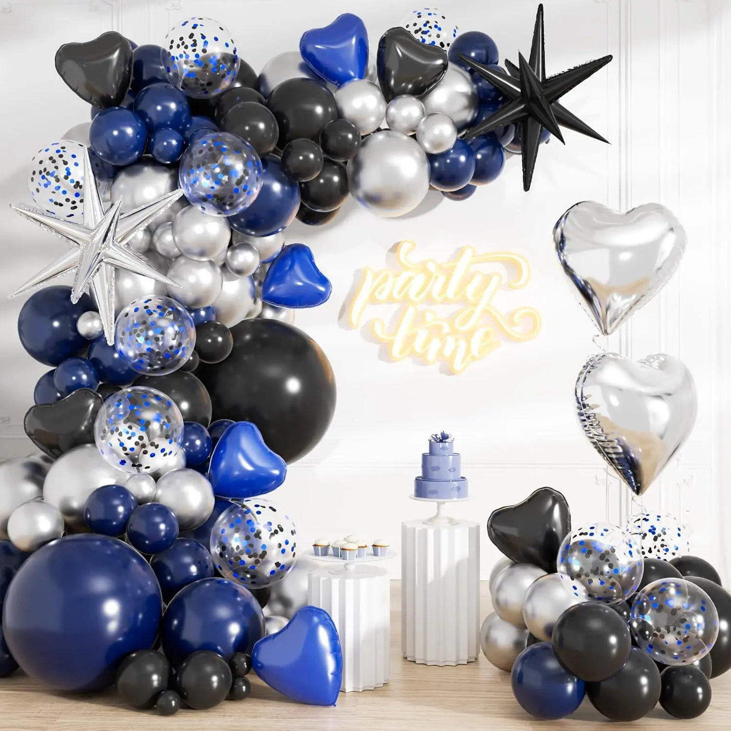 129Pcs Father'S Day Balloon Garland Arch Kit - Navy Blue Black Silver Confetti Balloon With Hearts & 4D Star Foil Balloons For Men'S Birthday, Graduation, Sports Party Decorations