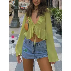 Women’s solid-color tie-front exposed-navel top, summer casual basic bright-colored long-sleeve V-neck top for everyday wear, GARMENTARY