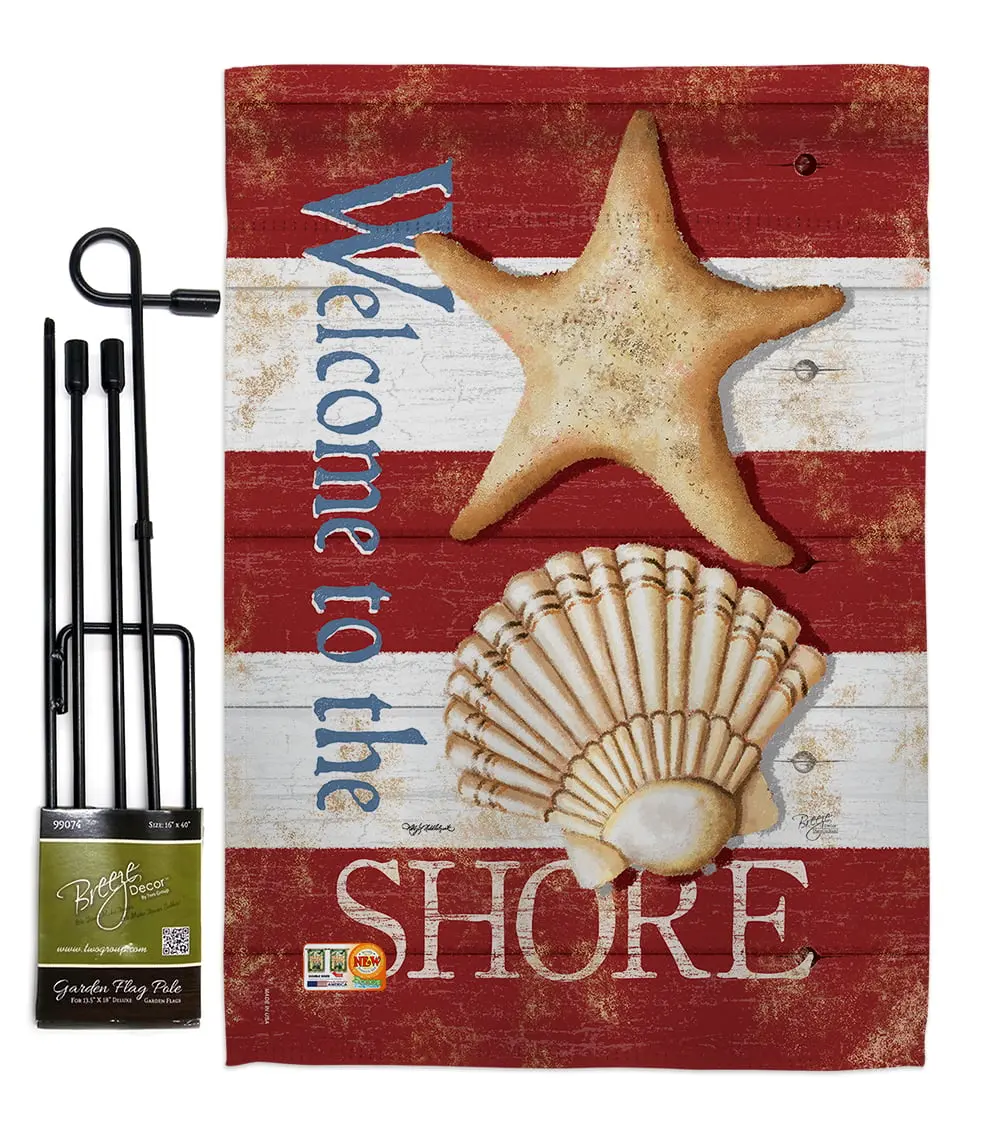 Breeze Decor BD-NA-GS-107058-IP-BO-D-US18-SB 13 x 18.5 in. Welcome to the Shore Coastal Nautical Impressions Decorative Vertical Double Sided Garden Flag Set with Banner Pole