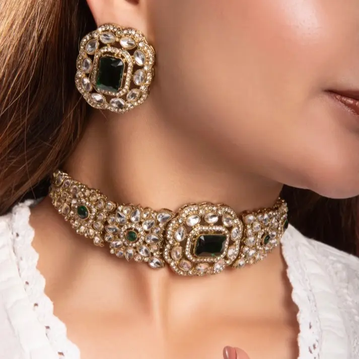Elegant Cute Stud Choker Set, Green-Pink Matching Jewelry Set, Everyday Wear Date Gift for Her