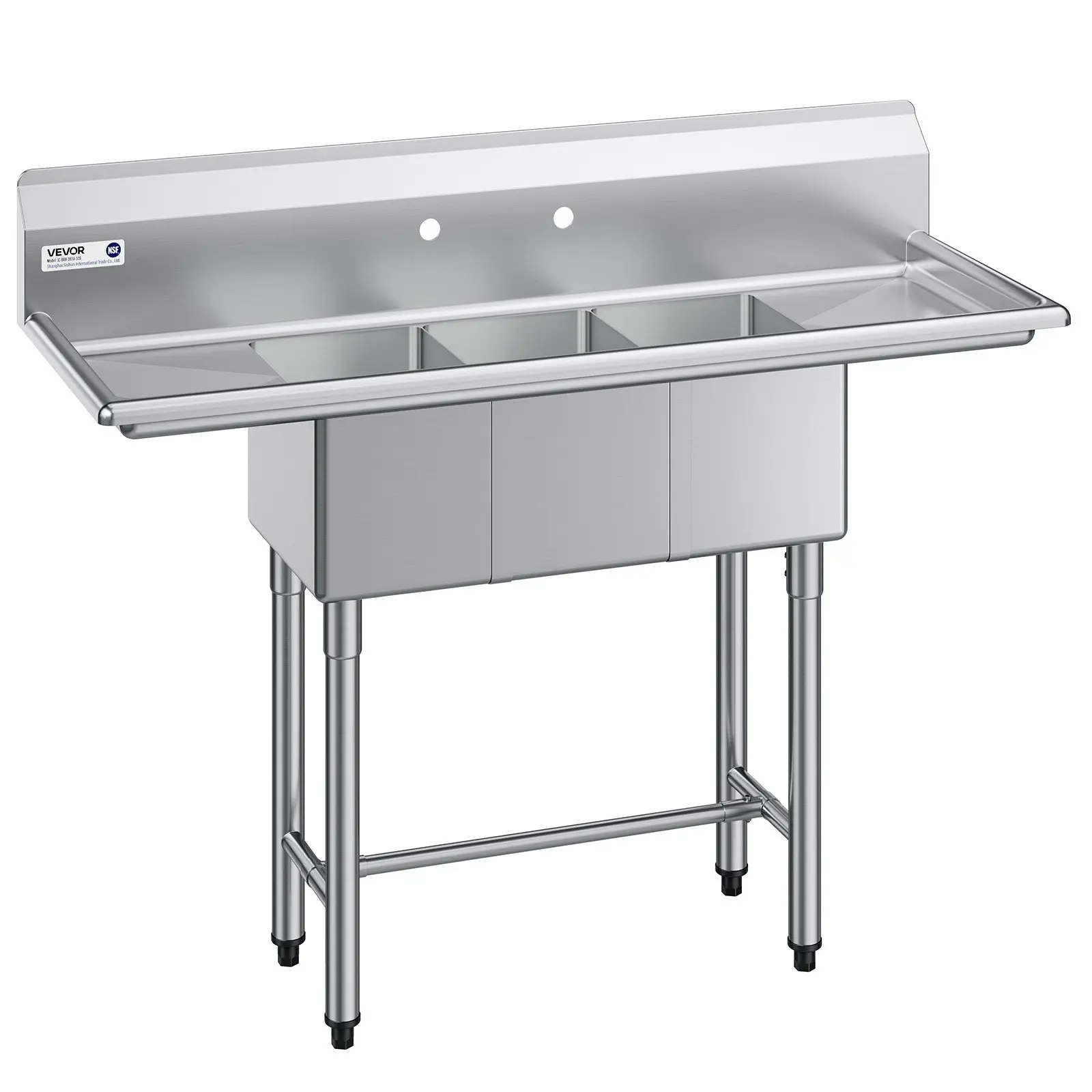 VEVOR 3-Compartment Stainless Steel Sink Unit, 18-Gauge 304 Steel, 10x14x10 in Bowls, 54x20x43.2 in Size with 2 Drainboards & Backsplash, Commercial Kitchen & Food Truck 3-Compartment Sink for Home Use, Three Compartments, Commercial Look