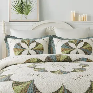 KASENTEX 100% Cotton Fabric Pillow Sham - Soft with Decorative Floral Print Patchwork Design Two Standard Shams or King Size Ivory & Brown Quilted for Cozy Bedrooms