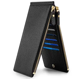 VTLASK Slim Pebbled Leather Card Holder for Women – 15 Card Slots with Zipper Cash Pocket, RFID Blocking