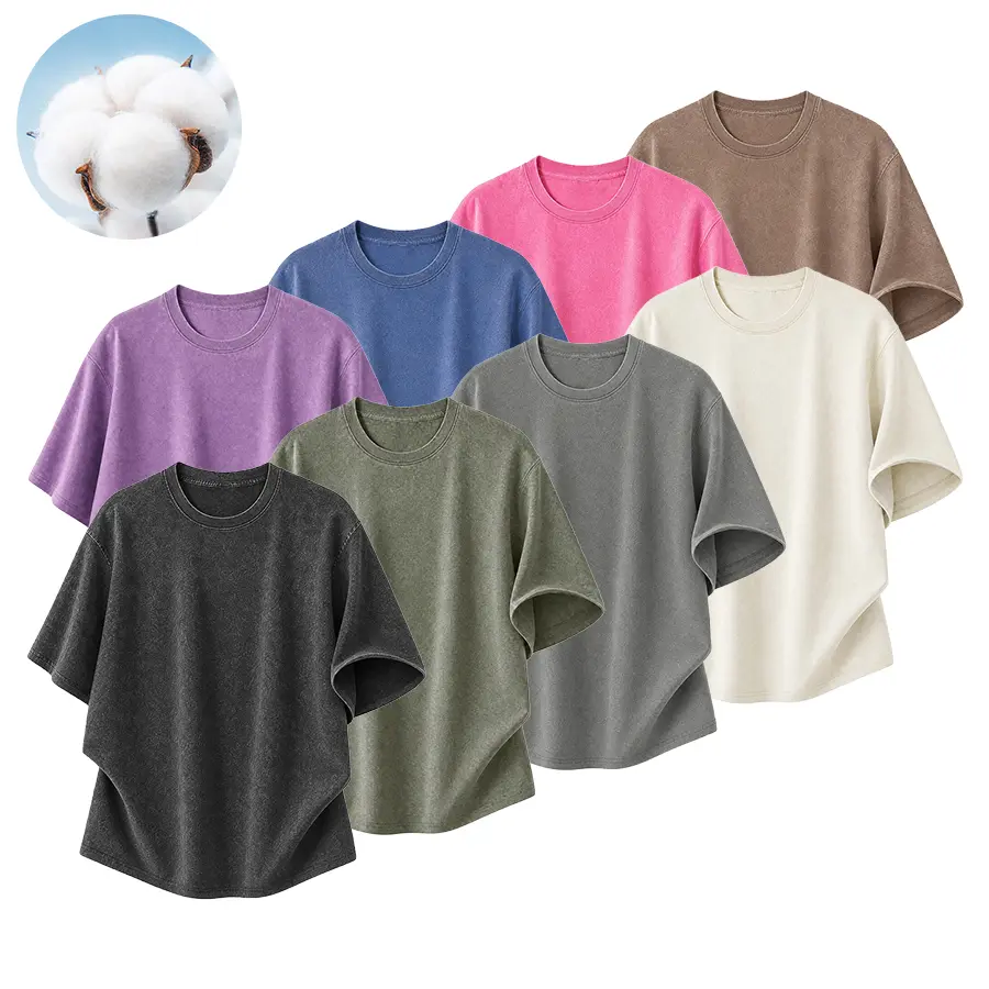 American vintage washed distressed crew-neck short-sleeve T-shirt, colorful color combinations available for selection, crafted from premium combed cotton fabric that is moisture-wicking and breathable, featuring a relaxed drop-shoulder cut that conceals