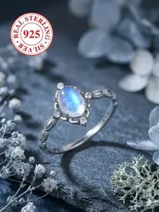 S925 Sterling Silver Geometric Oval Ring, Imitation Moonstone Infinity Band, Proposal Wedding Anniversary Gift with Box