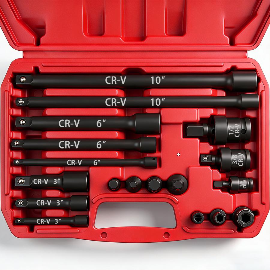 18-piece Impact Socket Extension Set Tools, Swivel Universal Joint, Deep 1/4", 3/8", 1/2" Drive Socket Adapter, Extension Bar, 3 Ratchet Coupler, CR-V Steel Alloy Corrosion-Resistant Mechanic extension handle  car home repair hand tool