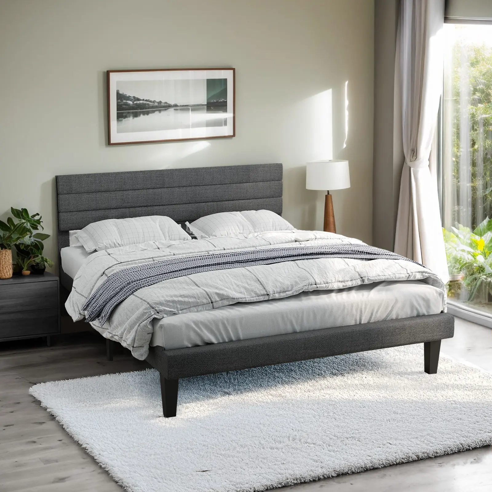 Modern Standard Queen Size Tufted Platform Bed Frame with Linen-Like Upholstery, Horizontal Stripes, 3-Speed Adjustable Headboard, Dark Gray, 6-in Storage, 800 lbs Capacity, 60”W x 80”L x 36.02/37.59/39.17”H, Mosquito Netting, Assembly Required