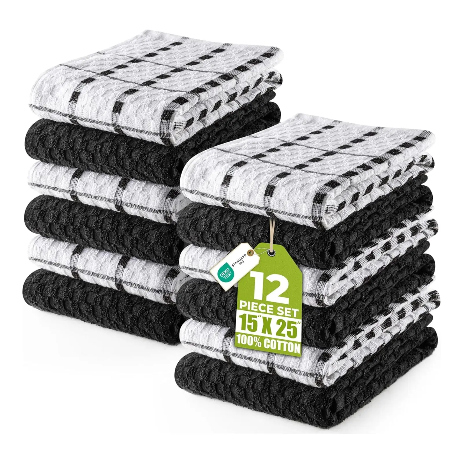 12 Pack Kitchen Towels Set – 100% Ring Spun Cotton Dish Towels, Super Soft Absorbent Tea Towels & Bar Towels for Kitchen Cleaning, Dish Drying, Cooking & Home Kitchen Essentials, Black, 15 x 25 Inch