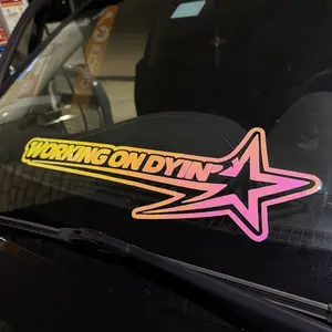 Working On Dyin’ Holographic Star Banner 23” x 7” Color-Shift Vinyl for Windshields Green Orange Yellow Pink Purple