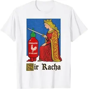 Sriracha T-shirt, Funny hot sauce shirt, Queen knighting Sriracha tee, Gift for hot sauce fans, Short Sleeve Crew Neck T-Shirt, Unisex Cotton T-Shirt, Menswear, Womenswear