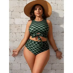 Bikini For Women Large Size Checkered Tie Waist Swimsuit - Two Tone Pleated Bathing Suit For Vacation, Beach, Pool, Flattering Swimwear