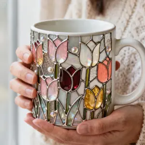 Stained Glass Tulip Mug, Vintage Floral Coffee Cup, Mosaic Art Ceramic Mug, Cottagecore Aesthetic Gift, Spring Flower Tea Cup