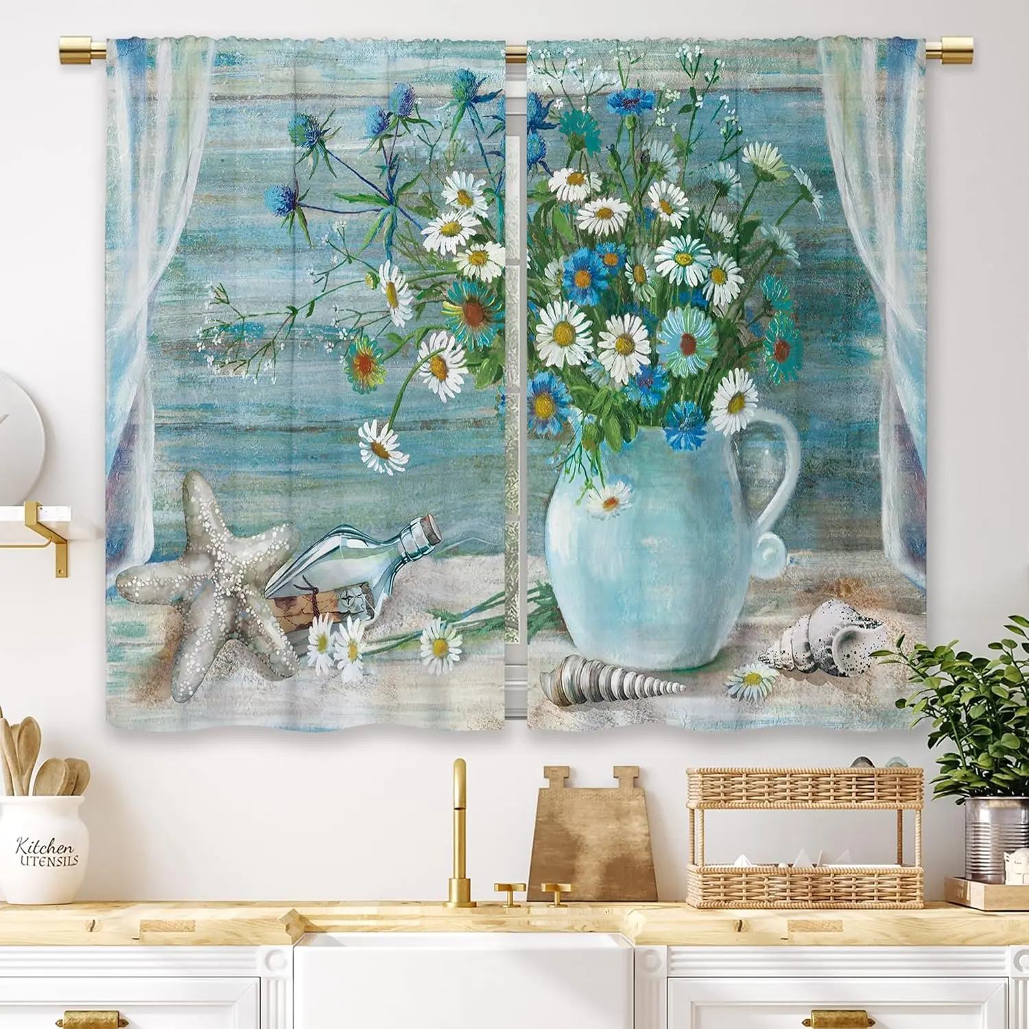 2-Panel Rod Pocket Blue Daisy Vintage Floral Curtains - 27.5x39 in Light Filtering Colorful Art Print Small Short Tier Drapes for Kitchen, Bathroom Window Treatments, Light Filtering Curtains, Colorful Curtains