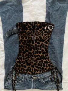 Leopard Print Pattern Style Women's Scrunched Tie Front Bandeau Top Leopard