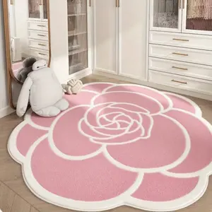 1 Pc French Retro Living Room Carpet, Camellia Shaped Rug, Pink Camellia Pattern Entrance Door Anti-slip Floor Home Decorative Floral Area Rug Bedroom Decoration Irregular Shape Bedside Rug Thick Lounge Floor Mat