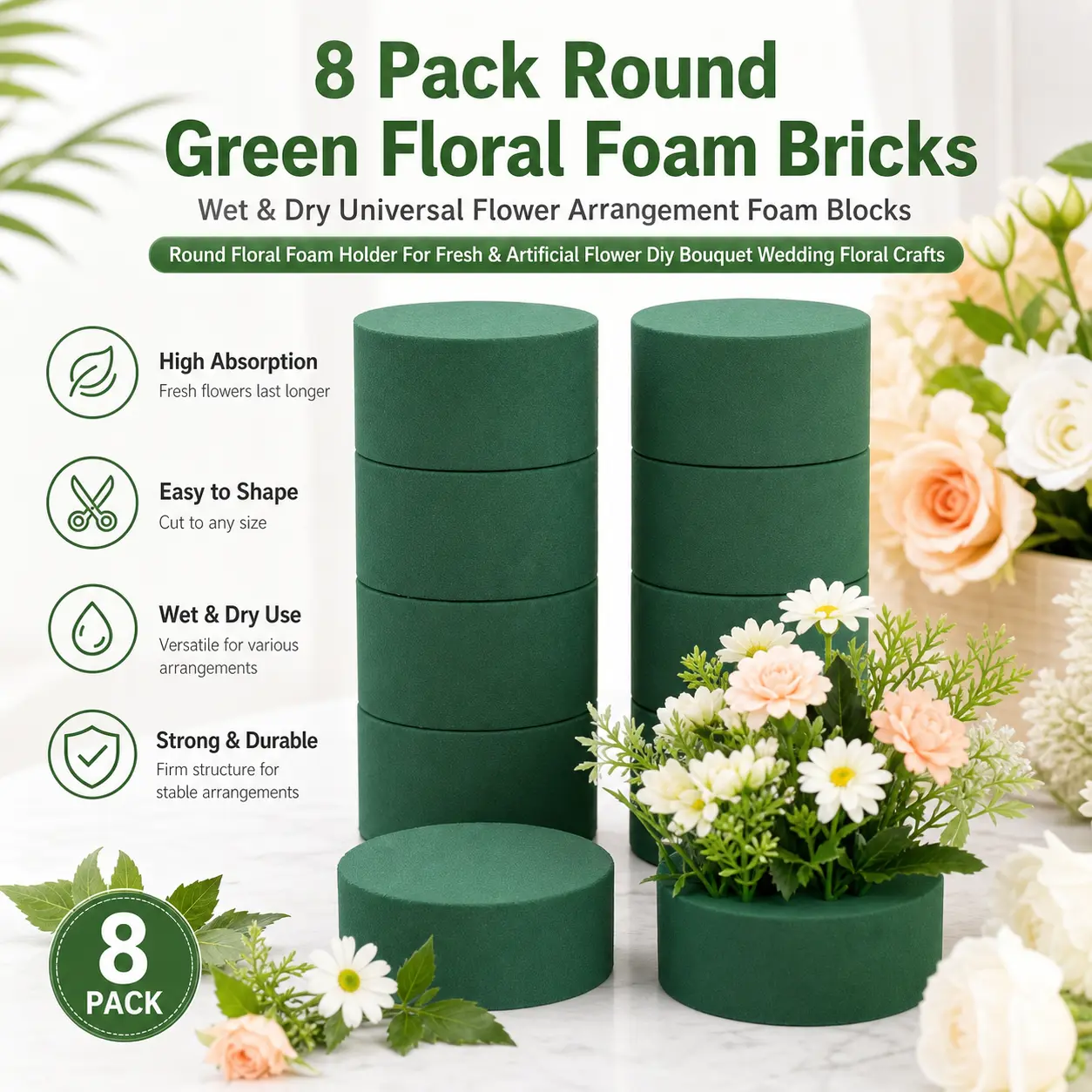 8 Pack Round Green Floral Foam Bricks, Wet & Dry Universal Flower Arrangement Foam Blocks, Round Floral Foam Holder For Fresh & Artificial Flower Diy Bouquet Wedding Floral Crafts