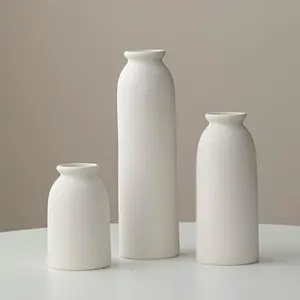 10 inches Tall Decorative Ceramic Vase Set, 3 count, Nordic Modern Boho Style, White, for Home Decor (White)