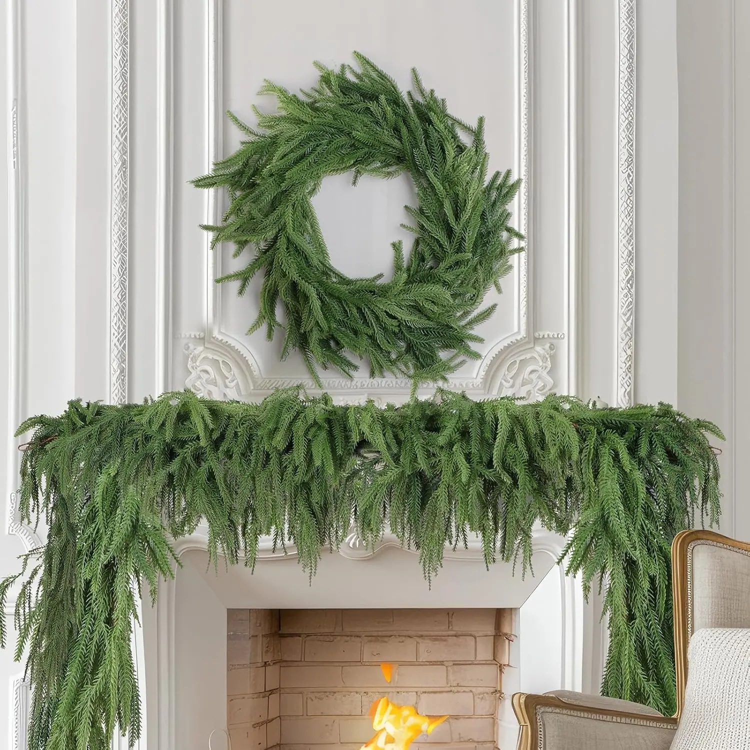 1PCS/2PCS 9FT Christmas Garland Norfolk Pine Garland Real Touch Artificial Greenery Garland for Mantle Fireplace Table Indoor Outdoor Decor (Full)