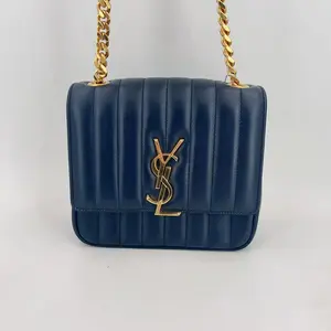 Pre-owned Yves Saint Laurent leather Crossbody Bags YSL Saint Laurent Paris Blue Medium Lambskin Monogram Vicky Chain Bag