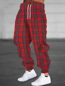 New Men's Casual Pants with Drawstring Elastic Waist, Red Plaid Print, Loose Fit.