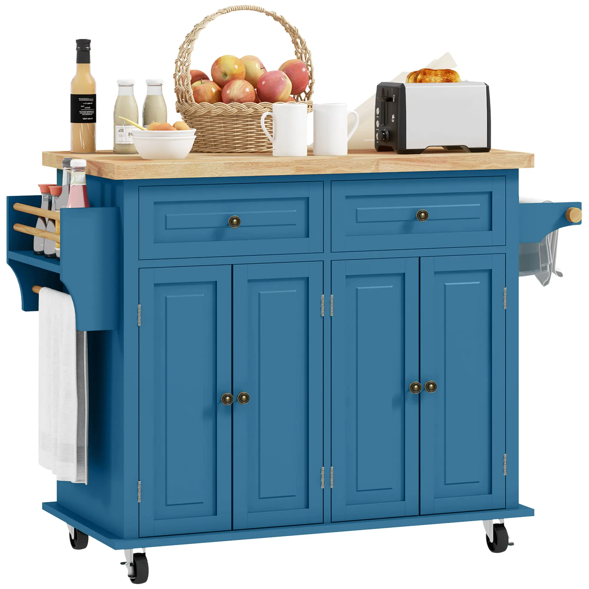 #Summervibes HOMCOM Kitchen Island on Wheels, Rolling Cart with Rubberwood Top, Spice Rack, Towel Rack and Drawers for Dining Room, Grey
