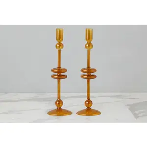 Amber Glass Candlestick Pair, Large