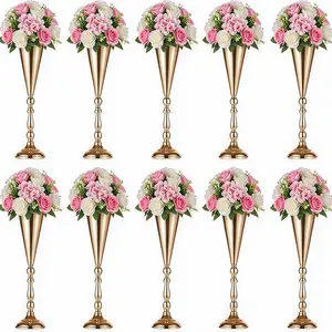 10 Pack Metal Gold Trumpet Vase Tall Flower Centerpiece for Wedding Reception, Tabletop Home Decor, Anniversary Birthday Accent for Fresh or Artificial Floral Arrangements