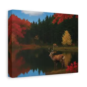 Peaceful Autumn Deer Canvas - Calming Fall Foliage Lake Wall Art for Living Room