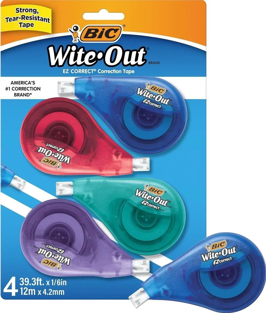 BIC Wite-Out Brand EZ Correct Correction Tape, 39.3 feet, 4-Count Pack of White Correction Tape, Fast, Clean and Easy to Use Tear-Resistant Tape Office or School Supplies