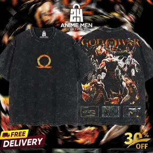 Menswear Oversized Round Neck Shortsleeve Top - Kratos God of War Classic, Retro Vintage Seamless Acid-Washed Heavyweight Cotton Fabric, Streetwear Tweed Apparel, Unisex Anime Manga Merch, Gift for Anime Fans