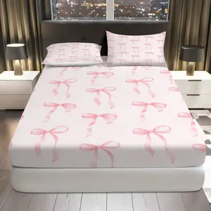 3Pcs Pink Ribbon Bow Elegant Fitted Sheet Three Piece Set (1*Fitted Sheet+2*Pillowcases, Coreless), Valentine Theme, Soft Decorative Bedding Set, Mattress Protector Soft, Breathable