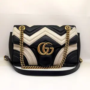 Pre-owned GUCCI GG Marmont Black and White Calfskin Medium Size Shoulder Bag with Gold Chain Strap