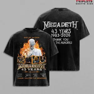 Megadeth Official End Of An Era 43 Years 1983–2026 Signature Tee Washed – Vintage Acid Wash Heavy Cotton Oversize Unisex Thrash Metal Rock Band T-Shirt, Thank You For The Memories Retro Y2K Metal Streetwear Graphic Merch for Fans AHY