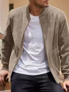 Men's Suede Leather Jacket Fall Winter Fashion Zipper Cardigan Vintage Long Sleeve Coat, Casual Slim-Fitting Solid Pattern Outerwear Menswear
