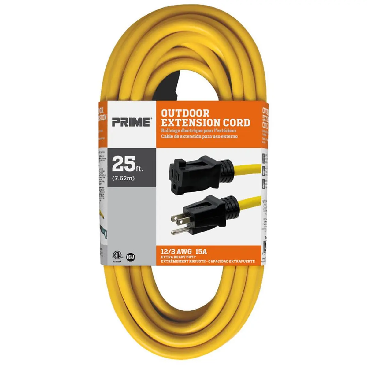 Prime Wire & Cable Grounded Outdoor Extension Cord, 25 ft, 12-3 Gauge SJTW, Water Resistant, Flame Retardant, -40°F to +140°F, 15 A, 12 By 3, 15 Amp