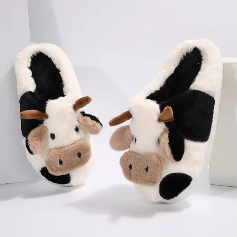 plush home slipper Fuzzy Warm Cow Slippers Slides for Women House Slippers for Woman Likable Handy Cartoon Animal Shape Kawaii Sandals Women Home Indoor