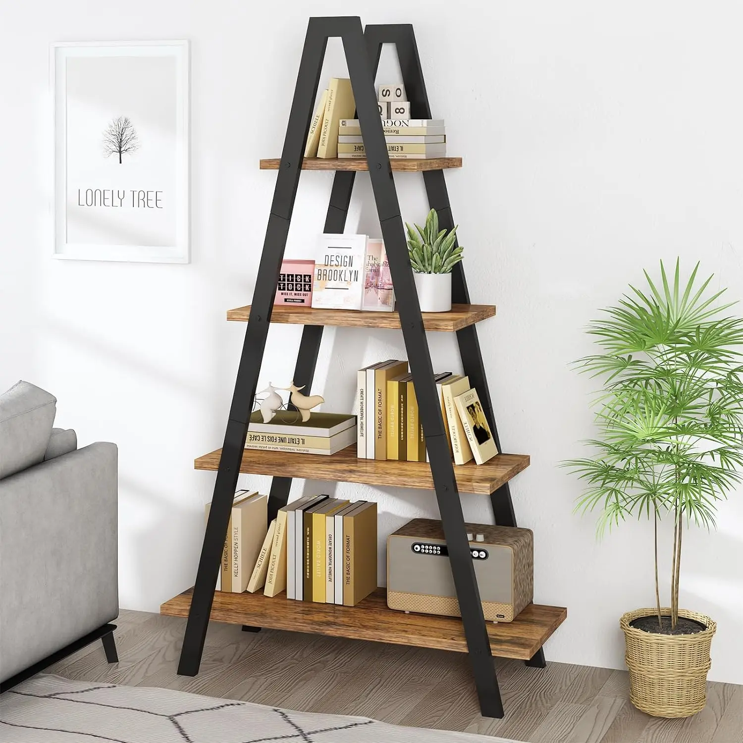 Hooseng 4-Tier Industrial Triangular Bookshelf - Rustic Wood & Black Metal Frame Stable Modern Design Ladder Shelf, Easy Assembly with All Tools Included, Minimal Interior Furniture Organizer for Living Room, Home Office