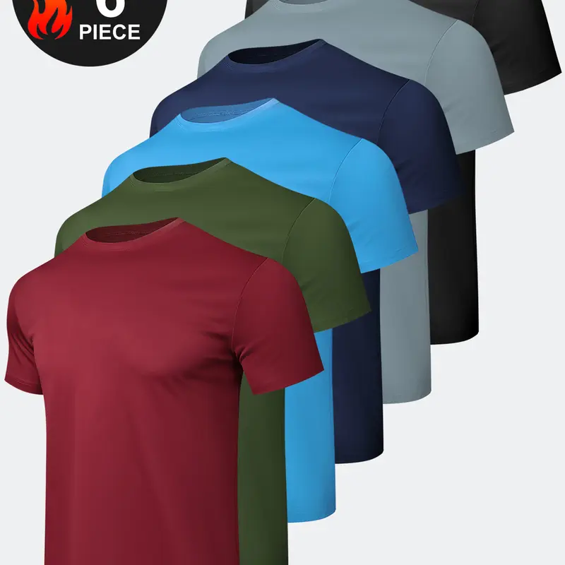 HOPLYNN 6-Pack Men's Crew Neck Short Sleeve Activewear Tops - Quick Dry, Breathable, Lightweight Fabric for Running, Gym Workouts