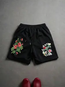 Men's Floral Print Shorts, Casual Loose-Fitting Summer & Spring Shorts, Comfortable Versatile Slogan Pattern, All Seasons Wear, Drawstring Athletic Shorts